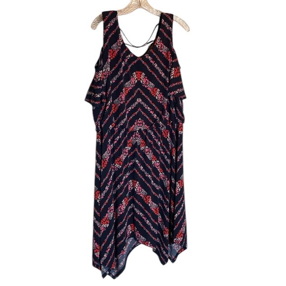 Maurice's Cold Shoulder Handkerchief Hem Navy Blue Pink Floral Midi Dress SZ 1 - Picture 1 of 15